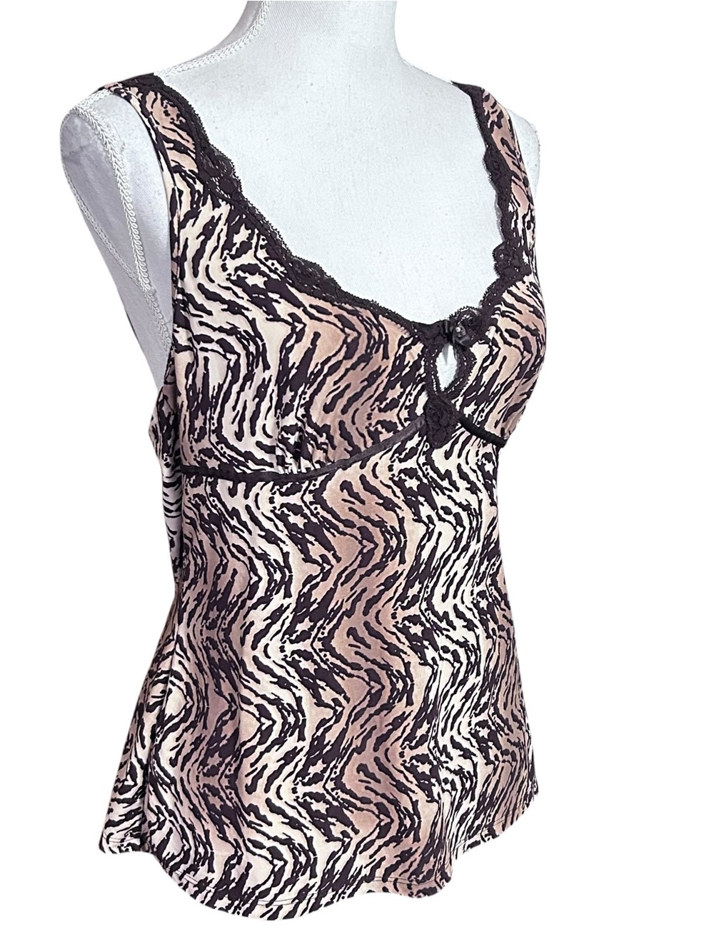 Vtg Linea Donatella Y2K Animal Print Babydoll Top Womens Size M Brown Lace 90s - Picture 2 of 11